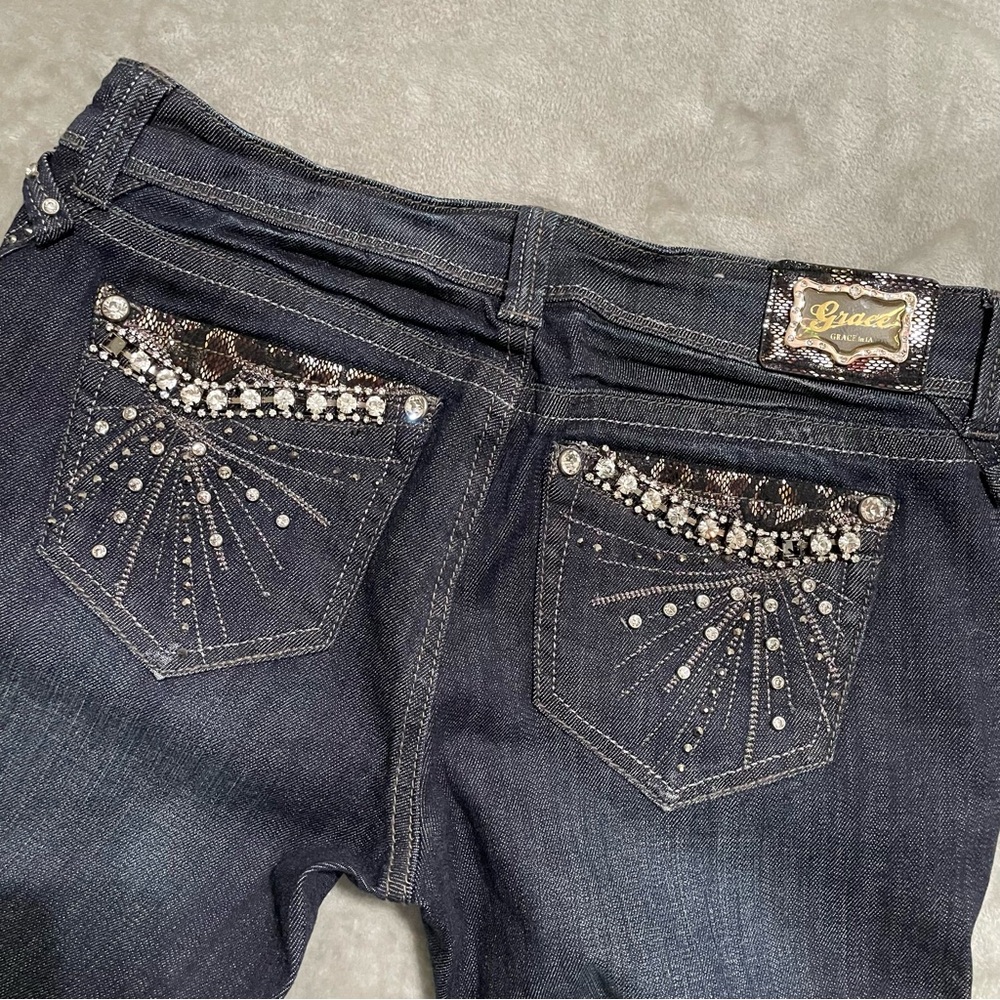 Grace in LA Dark Blue Embellished Jeans Size 9/28 Rhinestone Pocket Denim